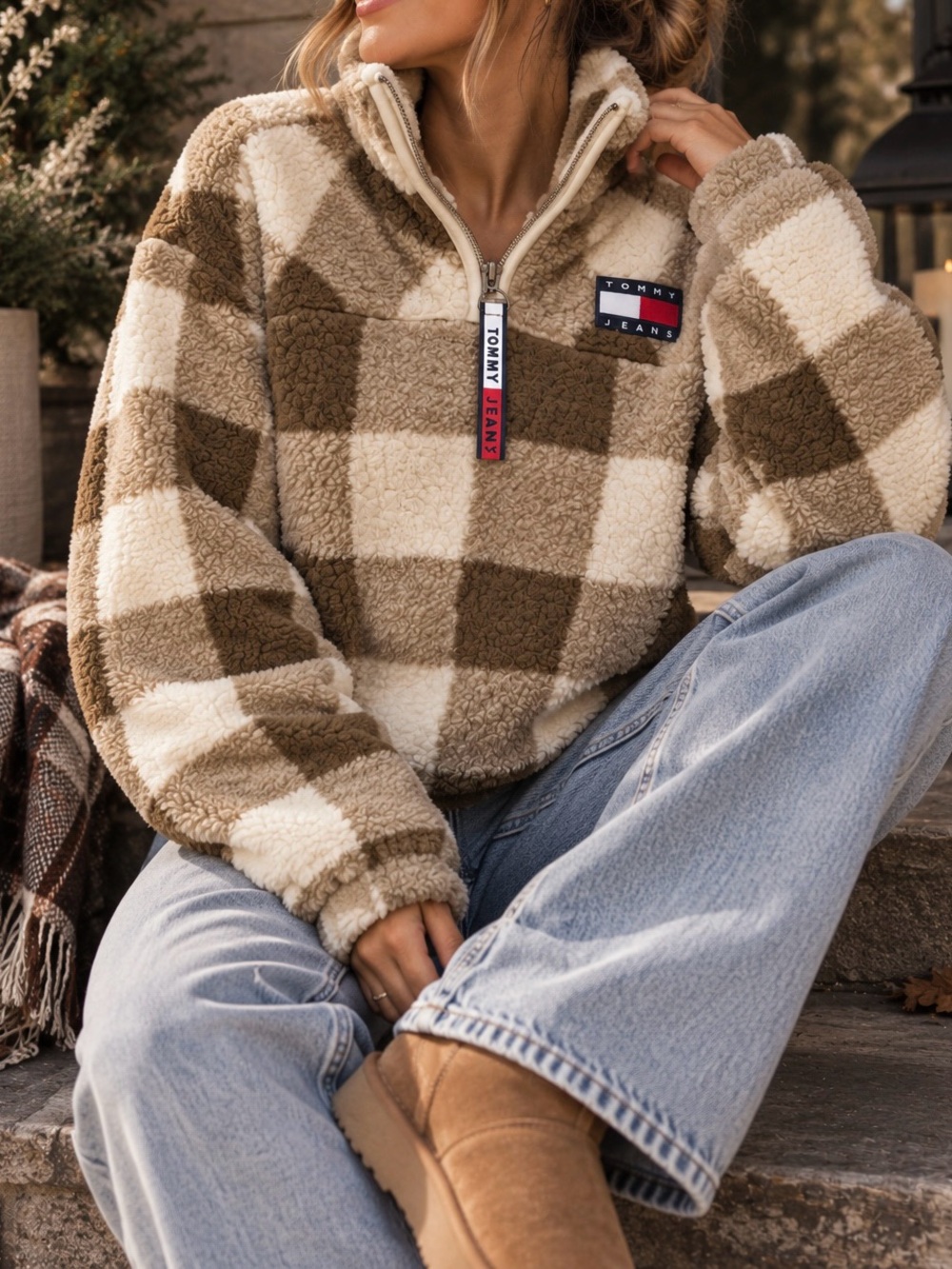 Tommy Jeans Brown Buffalo Check Sherpa Half-Zip Pullover Jacket (Size S)